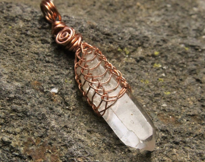 Wire Wrap Quartz Crystal Tip Pendant / Viking Weave Natural Stone Point Necklace / Copper Knit Design / Mens or Ladies Handmade Jewelry
