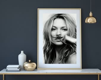 Kate Moss poster, Kate Moss print, Kate Moss moustache , Fashion poster, fashion wall art, fashion print, Woman Print, fashion photography