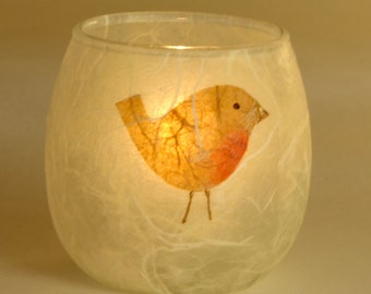 Robin candle holder - small tealight votive - natural strawsilk on glass by Karen Keir handmade in Devon