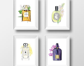 set of 4 prints, Chanel prints, perfume illustrations - 2 sizes available Giclee print