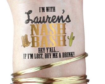 Set of personalized NASH BASH temporary tattoos - Nashville bachelorette party Cowboy cowgirl bachelorette western bachelorette gold tattoo