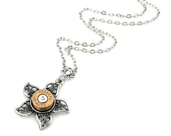 Bullet Jewelry - Victorian Steampunk Flower Bullet Necklace - 45 auto bullet Flower Pendant - Industrial Steampunk Gift Idea