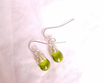 Silver Wire Wrapped Peridot Glass Drop Earrings