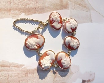 Vintage 14k yellow gold shell cameo bracelet | lady female silhouette woman profile | carved shell | retro 1960's | fine bridal jewelry