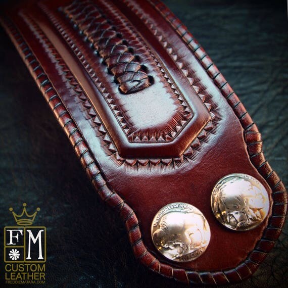 Leather cuff wristband Native Western style hand tooled with kangaroo lace and Buffalo nickels handmade for YOU in NYC by Freddie Matara