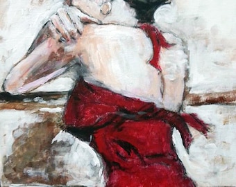 Brunette Women in Red Dress Original Acrylic Painting