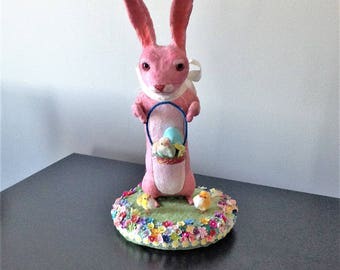 LARGE spun cotton rabbit among spring flowers and vintage chicks centerpiece by Maria Paula