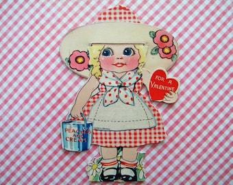 Vintage Unused Mechanical Valentine's Day Card Germany Peaches and Cream Girl with Hat and Gingham Dress