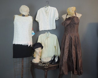 10pc Lot of AS IS Vintage Clothing, Dresses, hats, shoes, beaded purse & Blouses, 1950s, 1960s, 1980s