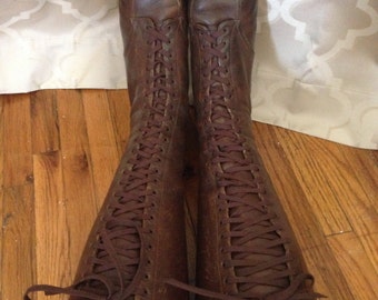 Vintage 1930's, 1940's brown tall lace up 23 eye knee boots US 9, EU 39.5 or 40, UK 7