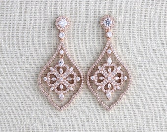 Rose Gold Bridal earrings, Bridal jewelry, Wedding earrings, Swarovski Crystal earrings, Chandelier earrings, CZ earrings, Bridesmaid gift