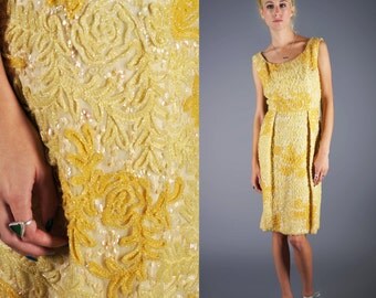 Bombshell Soutache Wiggle Dress Yellow Sequin Gold Dress Perfect Party or Cocktail Dress Size Small