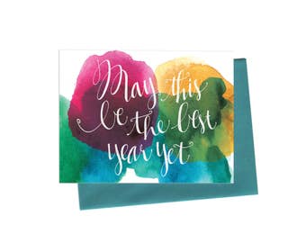 New Year's Cards Set wth Hand Typography, 'May This Be The Best Year Yet' Anniversary, Birthday Watercolor Greeting Card