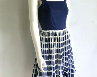 Vintage Women's 50's Jean Lang, Sleeveless Summer Dress, Navy Blue, Knee Length (S)