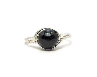 LG Faceted Black Tourmaline Ring Argentium Sterling Silver Wire Wrapped Ring Custom Sized