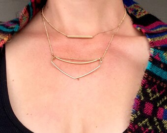 Gold Plated Brass Geometric Layering Multi Strand Boho Rocker Necklace