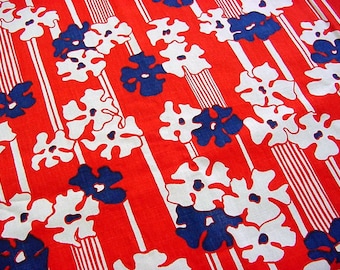 Vintage Mid-Century Cotton Floral Fabric -60s 70s Bold Mod Navy & White Blossoms on Red Stripe BTY
