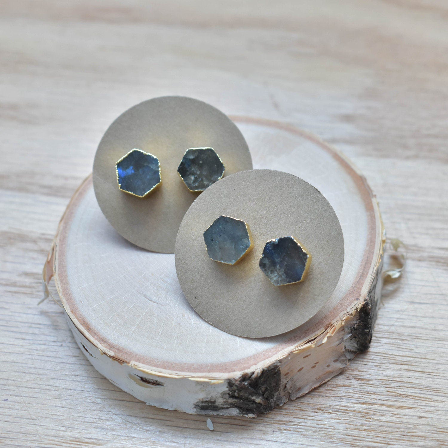 Gold Hexagon Labradorite Stud Earrings/ Gold Stud Post