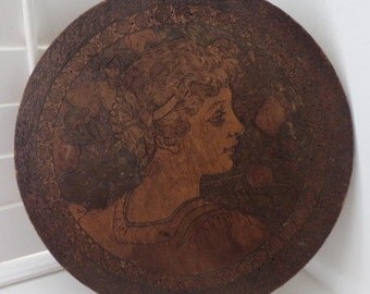 Antique PYROGRAPHY Flemish Art Burnt WOOD Plaque Victorian Woman Shabby 17 3/4 ins.