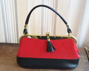 Vintage Purse Red Corduroy Velvet w Black Tassel Detail 60's Mod Fashion Handbag Top Handle Gold Rivet Frame & Button Clasp