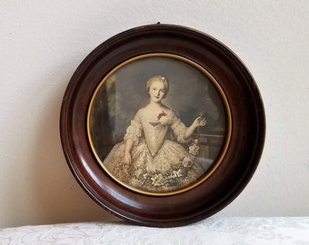 Vintage French Woman Portrait With Garland Flowers Wall Art Print, Victorian Lady Aristocrat Round Wood Frame, Paris Apartment