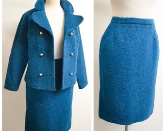 1960s Teal blue bouclé straight skirt suit / 60s double breasted jacket & pencil skirt - XS