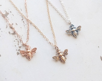 Tiny Bee Necklace, Dainty Honey Bee Jewelry - Available in Yellow Gold Fill, Rose Gold Fill, and Sterling Silver. Beekeeper Jewelry