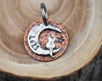 Custom Cat Tag - Small Cat on the Moon - 7/8" Copper Pet ID Tag - Hand Stamped Cat ID Tag