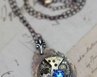 Steampunk Necklace Jewelry Sterling Silver Necklace Unique Jewelry Blue Vintage Watch Necklace Antiqued- Handmade by Inspired by Elizabeth