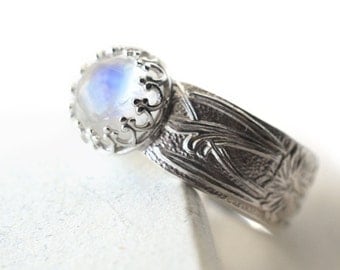 Blue Moonstone Ring, Sterling Silver Ring, Art Nouveau Style Floral Ring, Customized Wide Band Ring, 8mm Natural Gemstone Vintage Style Ring