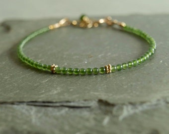 Jade Bracelet, small green jade, genuine gemstones, gold beads, slim beaded bracelet, elegant stacking bracelet, quality real jade jewelry