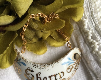 Vintage Sherry Decanter Tag Limoges Porcelain France Porcelaine Liquor Label White Gold & Blue ~ #D2183