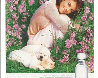 1997 Advertisement Elizabeth Hurley For Estee Lauder Pleasures Perfume Golden Retriever Puppy Fashion Style Celebrity Wall Art Decor