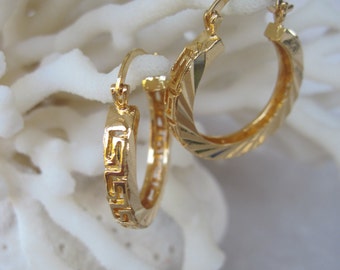 Blend of Carved Diagonal Lines and Greek Key Cut Out Gold Hoop Earrings