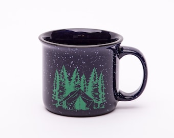Camping Coffee Mug - Camp Fire Mug - Ceramic Mug - Tin look-a-like Cup - Screen Printed - Coffee Cup