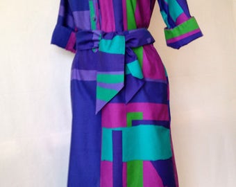 Catherine Ogust Penthouse Gallery dress vintage 70s mod psychedelic blue violet green magenta size S