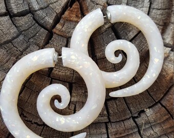 Faux Opal Spiral Earrings. Nickel Free and Lightweight Hypoallergenic Fake Gauges for Regular Pierced Ears. Handmade from Polymer Clay.