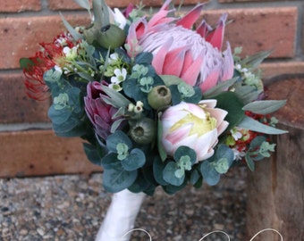 Rustic bridal bouquet, bridesmaid bouquet. King protea, pink ice protea, Geraldton wax, pin cushions, gumnuts, Australian native foliage.