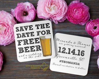 Coaster Save the Date - Free Beer - with a wedding on the side, beer glass, illustration, free drinks