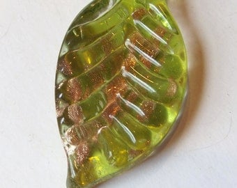 Green with gold Leaf lampwork Pendant / jewelry supply / destash / craft supply / sparkle / mixed media