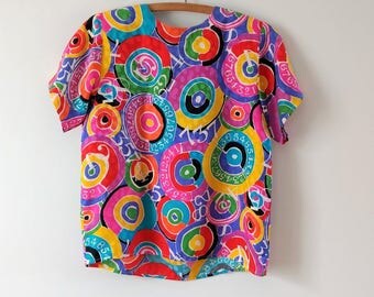 Vintage 1980s silk box cut tee, colorful silk tee, small