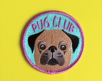 Pug Club Iron On Patch, Cute Dog Patch, Funny Pug Patch, Pug Face Patch, Stocking Filler, Puppy Patch, Embroidered Patch, Fun Patch Dog
