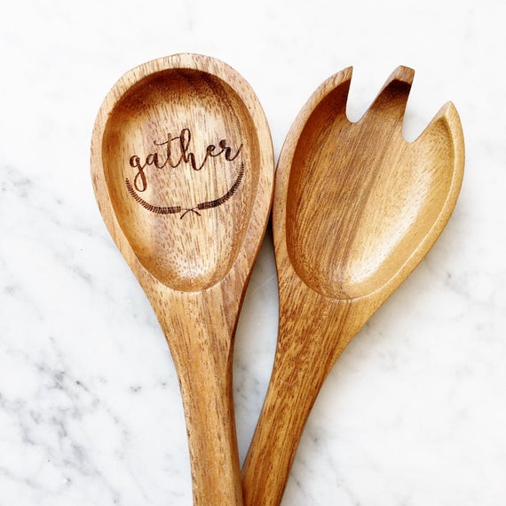 Gather. Salad Servers Set. Engraved Wooden Spoons by Milk