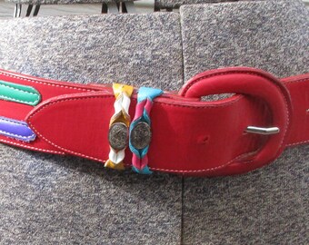 vintage red leather belt Ginnie Johansen 1980's with green purple orange pink silver accents