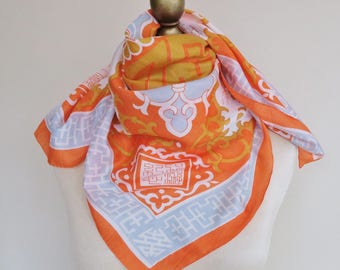 Square SILK scarf, orange silk scarf, Asian scarves, ladies headscarf, women's neckerchief. hand rolled, pagoda pattern, East Asian silk