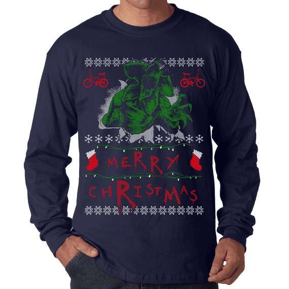 Stranger Christmas Long Sleeve T-Shirt Ugly Merry Christmas Alien Geek Demogorgon Geekery Nerdy Holiday Tee Shirt Tshirt Adult Sizes S-5XL
