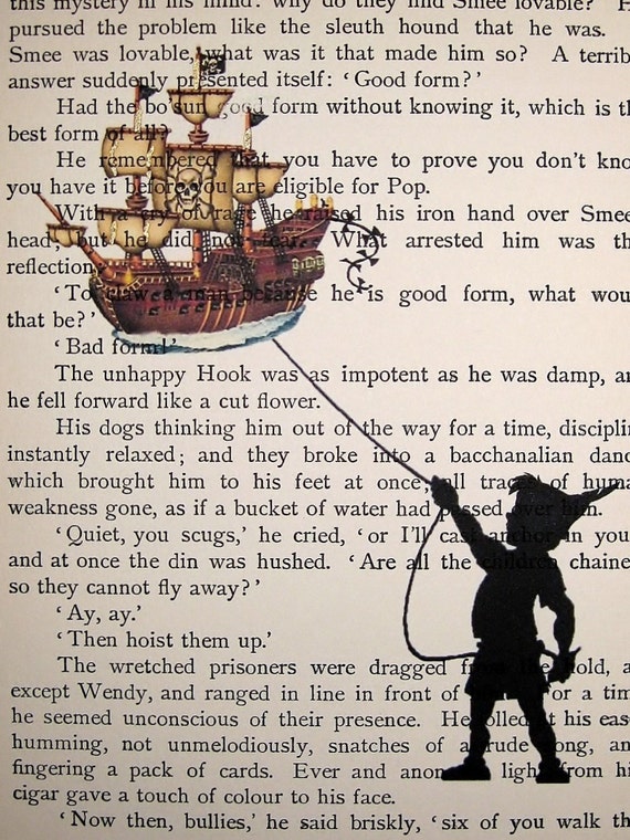 Peter Pan & Wendy Book Page Peter flying a Pirate Ship Kite