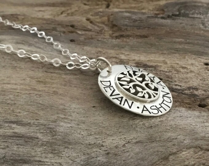 Sterling Silver Tree necklace - Hand Stamped Mom Necklace - Personalized Grandma Name Jewelry