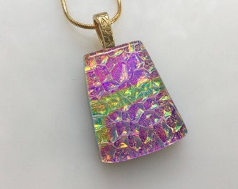 Dichroic Glass Pendant, Fused Glass Jewelry, Purple Fuchsia Gold Dichroic Necklace