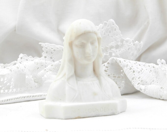 Small Antique Carved Alabaster and Marble Bust of the Virgin Mary Signed Maillard, Catholic, Religious Sculpture, Our Lady, Statue, Religion